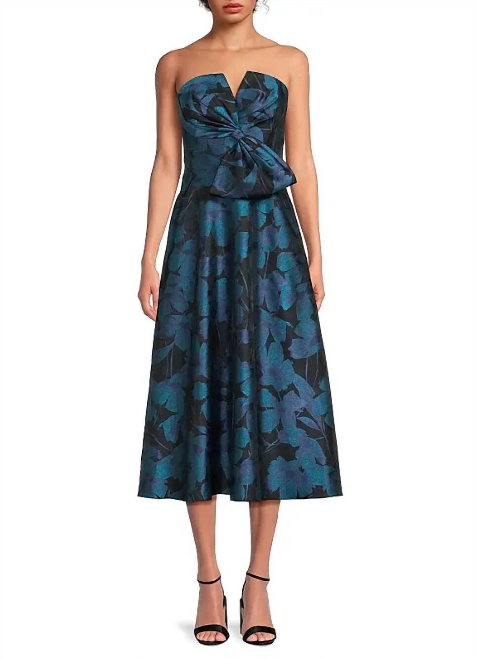 NEW AIDAN MATTOX strapless floral midi cocktail dress in blue multi